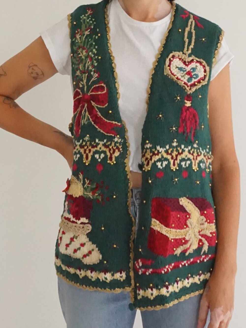 Vintage Heirloom Green Ugly Christmas Sweater Vest Presents Ornaments Beaded L
